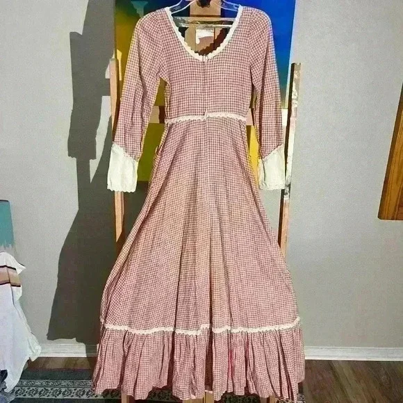 Gunne Sax By Jessica Vintage 70s Check Prairie Boho Corset Womens 5 XXS Dress - Picture 2 of 7